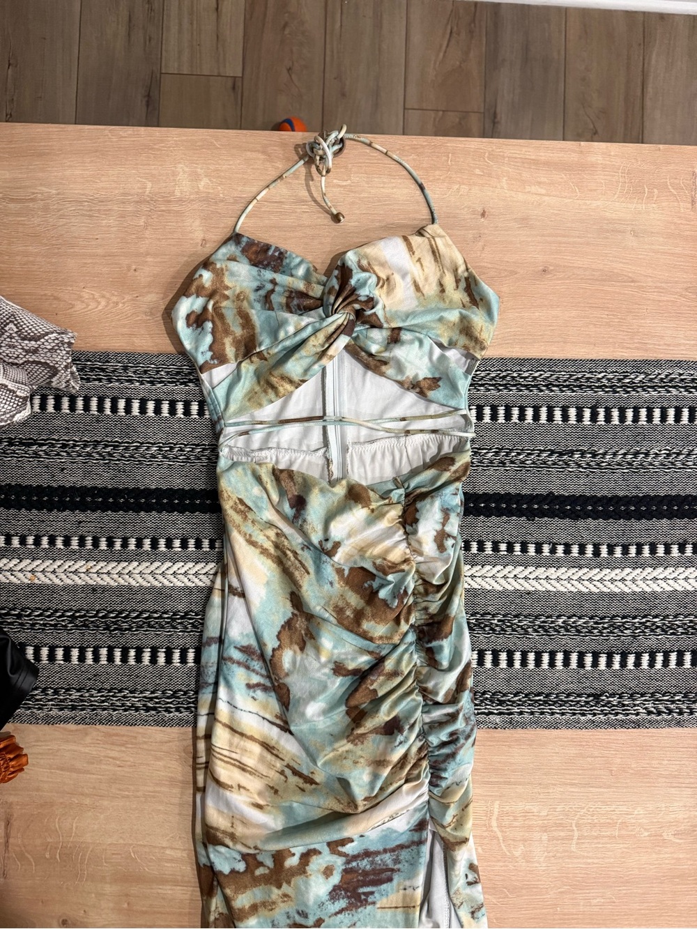 Hello Molly Strapless Watercolor Midi Dress in Teal and Brown